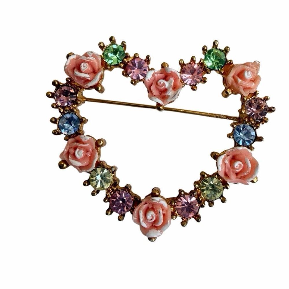 Avon Pink Rose Rhinestone Heart Wreath Brooch Gold Tone Vintage